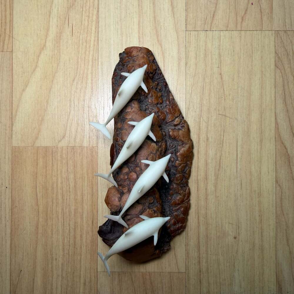 Vintage John Perry 4 Dolphin Pod Sculpture on Burled Wood Base Artist Signed